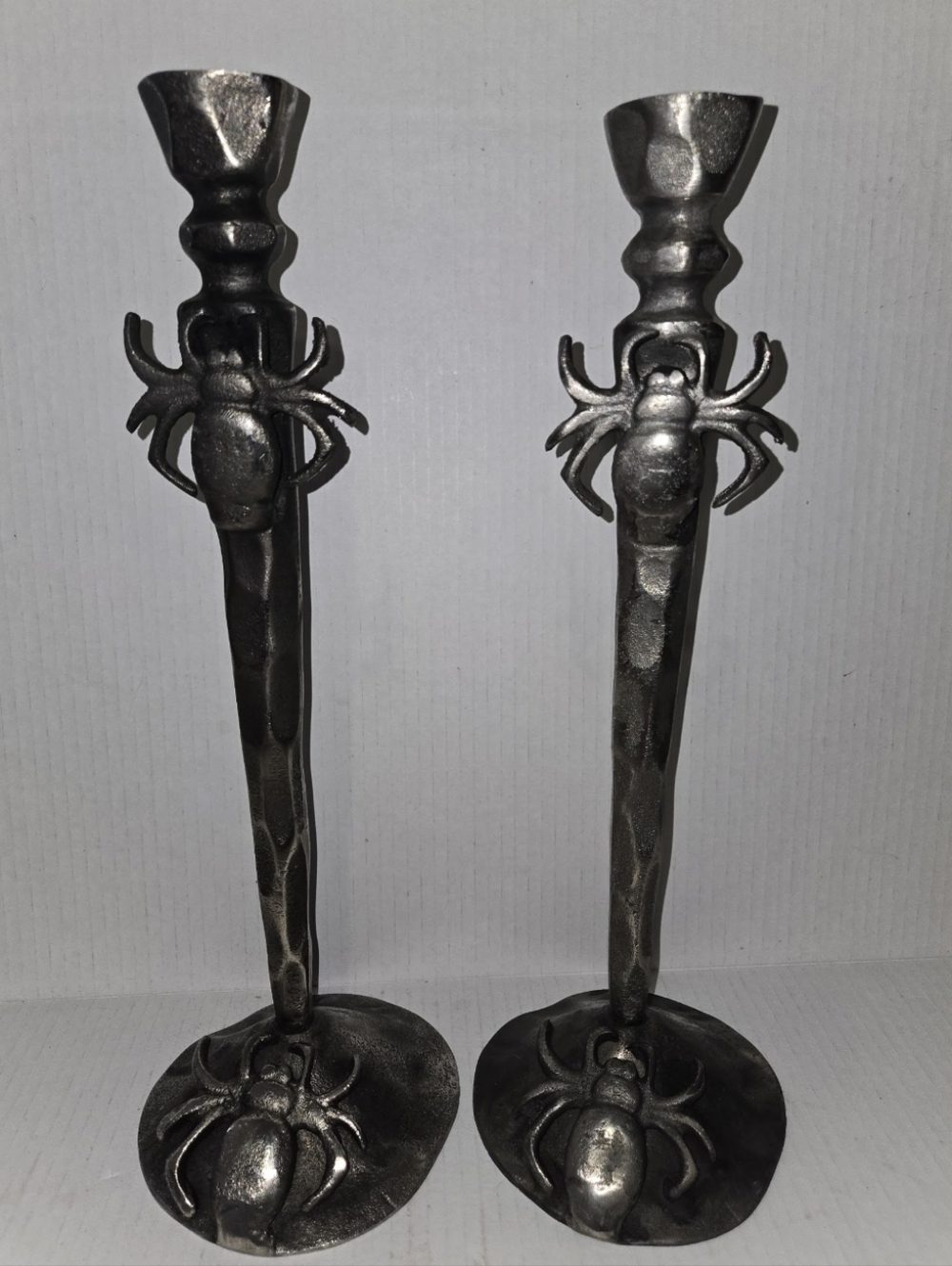 2 Gothic Halloween Gun Metal Gray Metal Candle Holders With Spiders 15" Tall